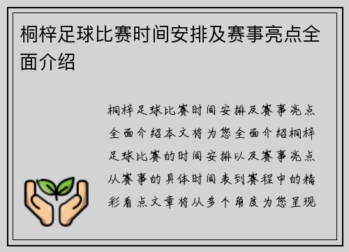 桐梓足球比赛时间安排及赛事亮点全面介绍