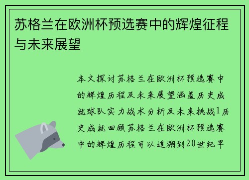 苏格兰在欧洲杯预选赛中的辉煌征程与未来展望