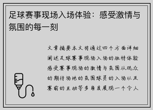 足球赛事现场入场体验：感受激情与氛围的每一刻